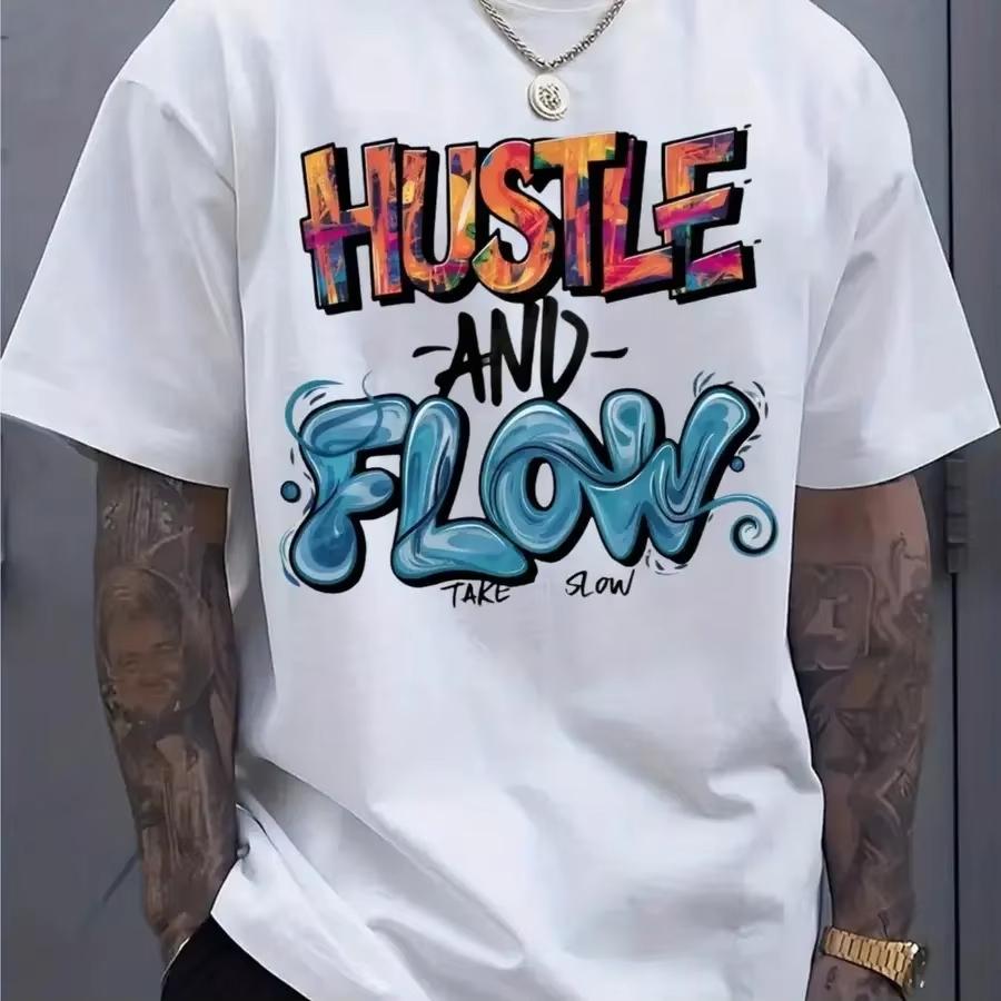 Men s Hustle and Flow Graffiti Print T-Shirt - Ultra Soft Breathable Moisture-Wicking Crew Neck Tee with Urban Streetwear, Comf S разноцветный