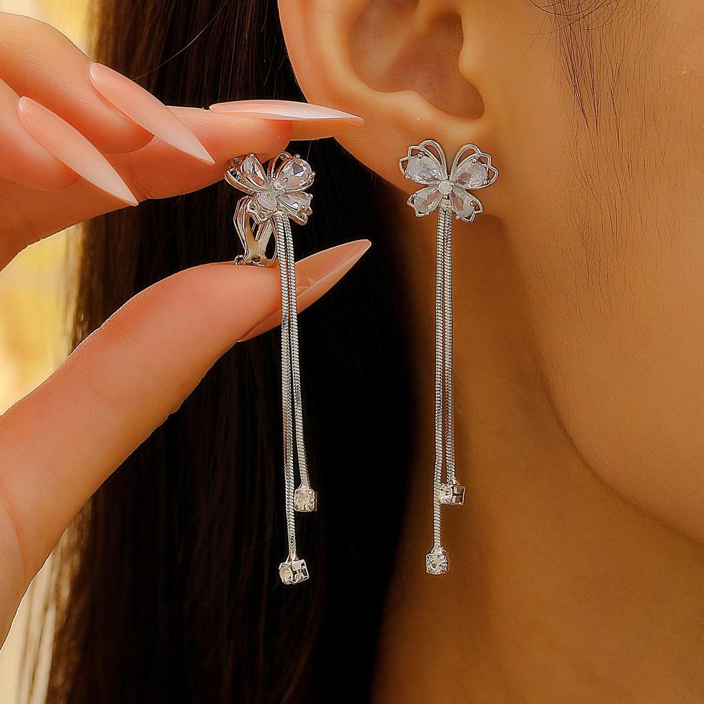 Flower Shaped Clip On Earrings with Long Tassel for Women