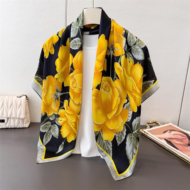 Ladies Korean version scarf sunscreen travel shawl large print square scarf silk scarf satin imitation silk flower scarf headscarf