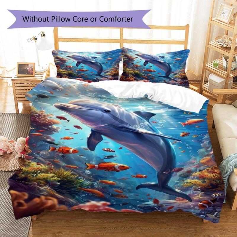 Ocean Dolphin Coral Tropical Fish Underwater Print Duvet Cover Set 3Pcs Marine Animal Bedding Bedroom Home Decor Without Pillow Core Comforter