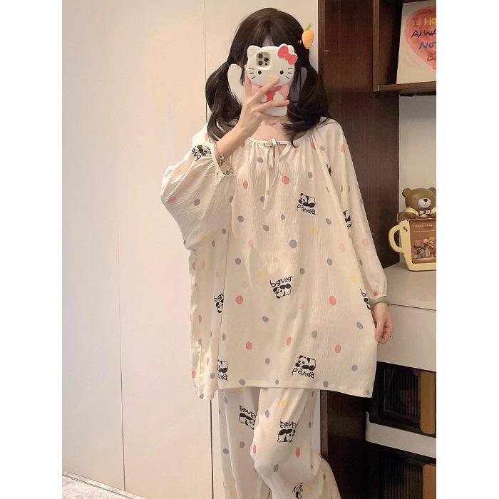 Women's Sweet Pure Cotton Pajama Set - Round Neck, Long Sleeve, Long Pants, Comfortable Home Wear for Spring & Autumn