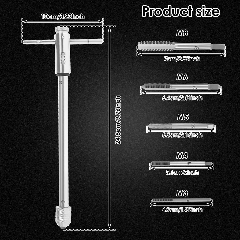 Silver T-Handle Ratchet Tap Holder Wrench Adjustable Manual Tapping Tool with Machine Screw Thread Metric Plug T-shaped Tap