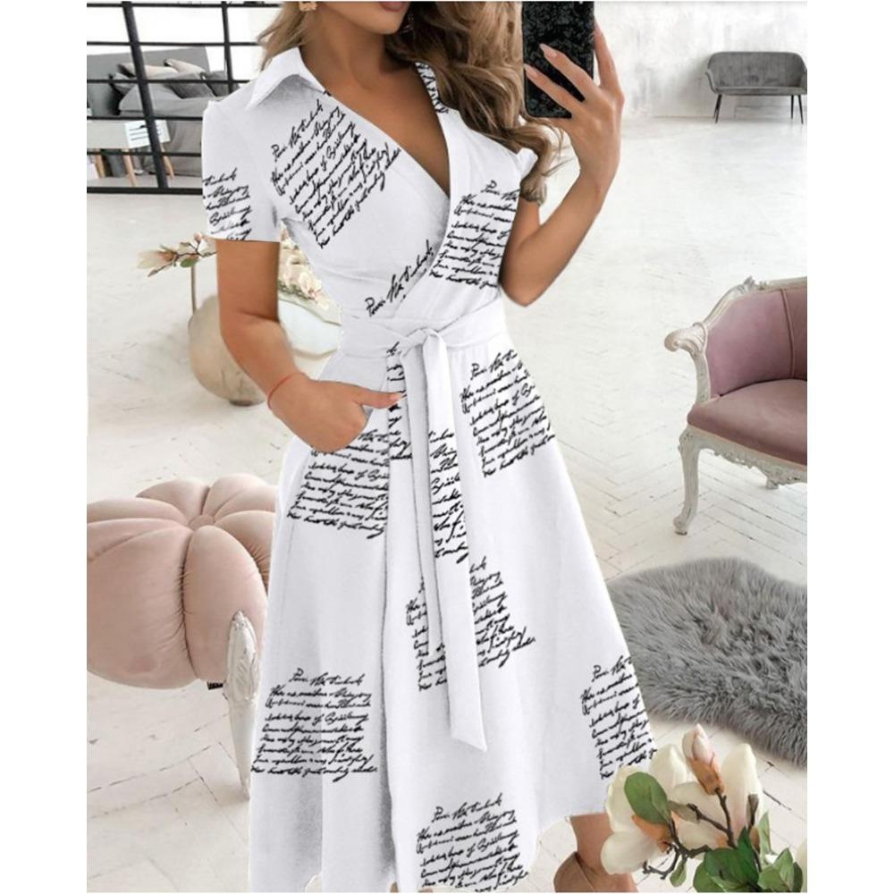 HNXC Women's Fashion Summer Spring Solid Color Print Short Sleeve V-Neck Casual Dresses