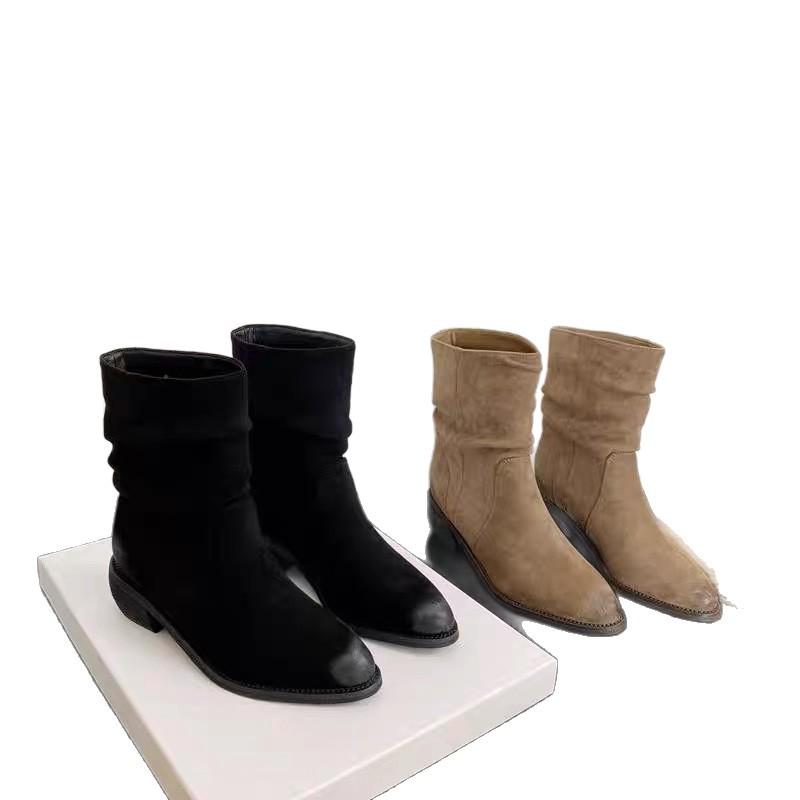 Yueyu retro pleated piled boots women's 2025 new autumn heightening small pointed short boots western cowboy boots