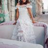 Abito a fascia da donna con spalle scoperte, traforato, patchwork, fiori, ricami, abito lungo, abito da ballo, festa, sposa