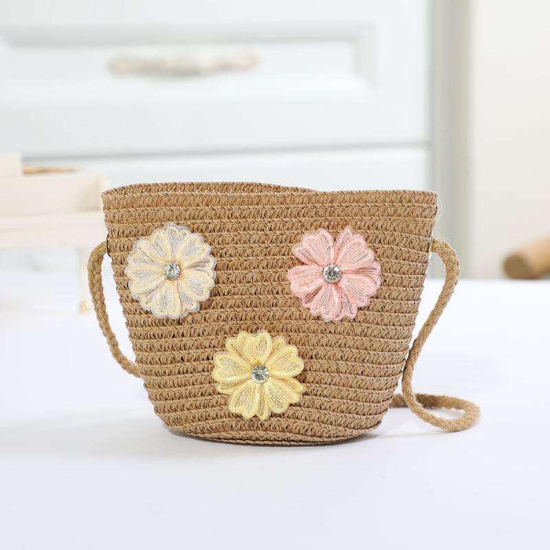 Borsa in paglia con cerniera e fiore per bambina, simpatici accessori per foto, borsa a tracolla intrecciata a mano per bambini, cestino portaoggetti, portamonete, borsa a tracolla