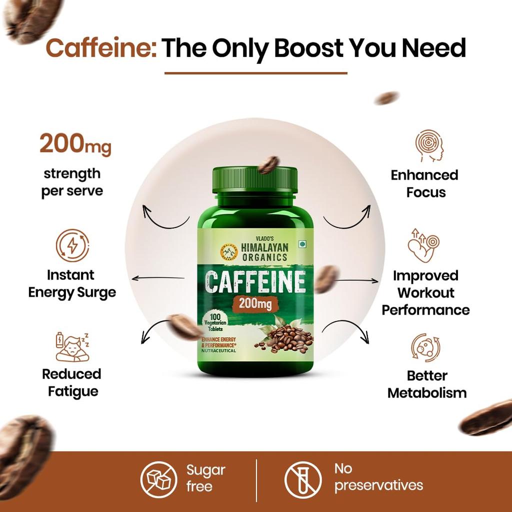 Vlado's Himalayan Organics Caffeine 200mg Tablets For Energy Focus And Pre Workout Support - 100 Veg Tablets