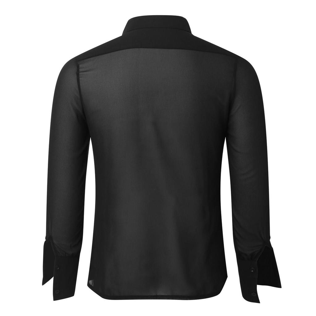 Men's European-Size Black Sheer Chiffon Slim Fit Shirt - Breathable Casual Nightclub Top