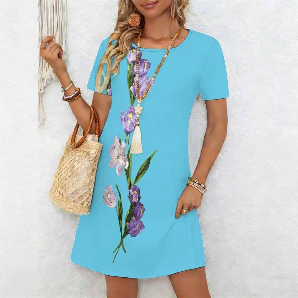 Women's Fashion Graceful Beautiful  Flower Print Summer Spring Short Sleeve O-Neck Casual Dresses