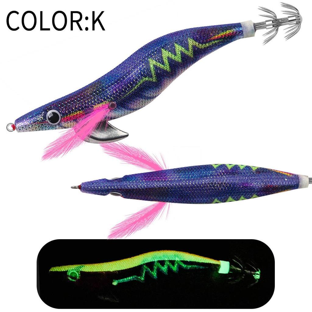 SQUID KING Luminous Wooden Shrimp Squid Hook - Sizes 2.5, 3.0, 3.5 with Rapid Current Lead Head & Rattle for Deep Water.