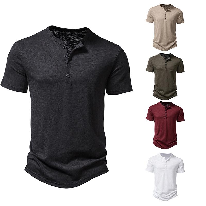 T-shirt da uomo in cotone di bambù con colletto Henley a maniche corte, taglie forti, moda casual europea
