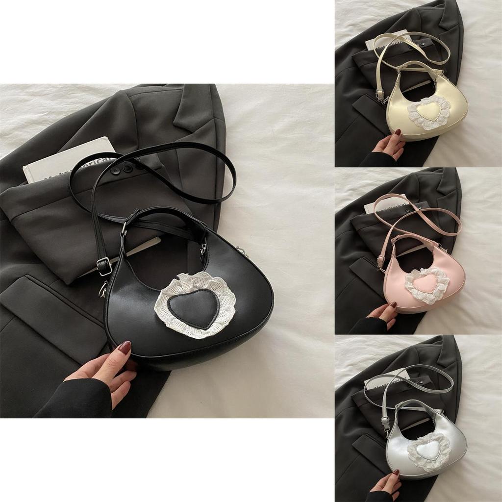 Pu Dumpling Shaped Handbag With Heart Lace Design For Casual Outings