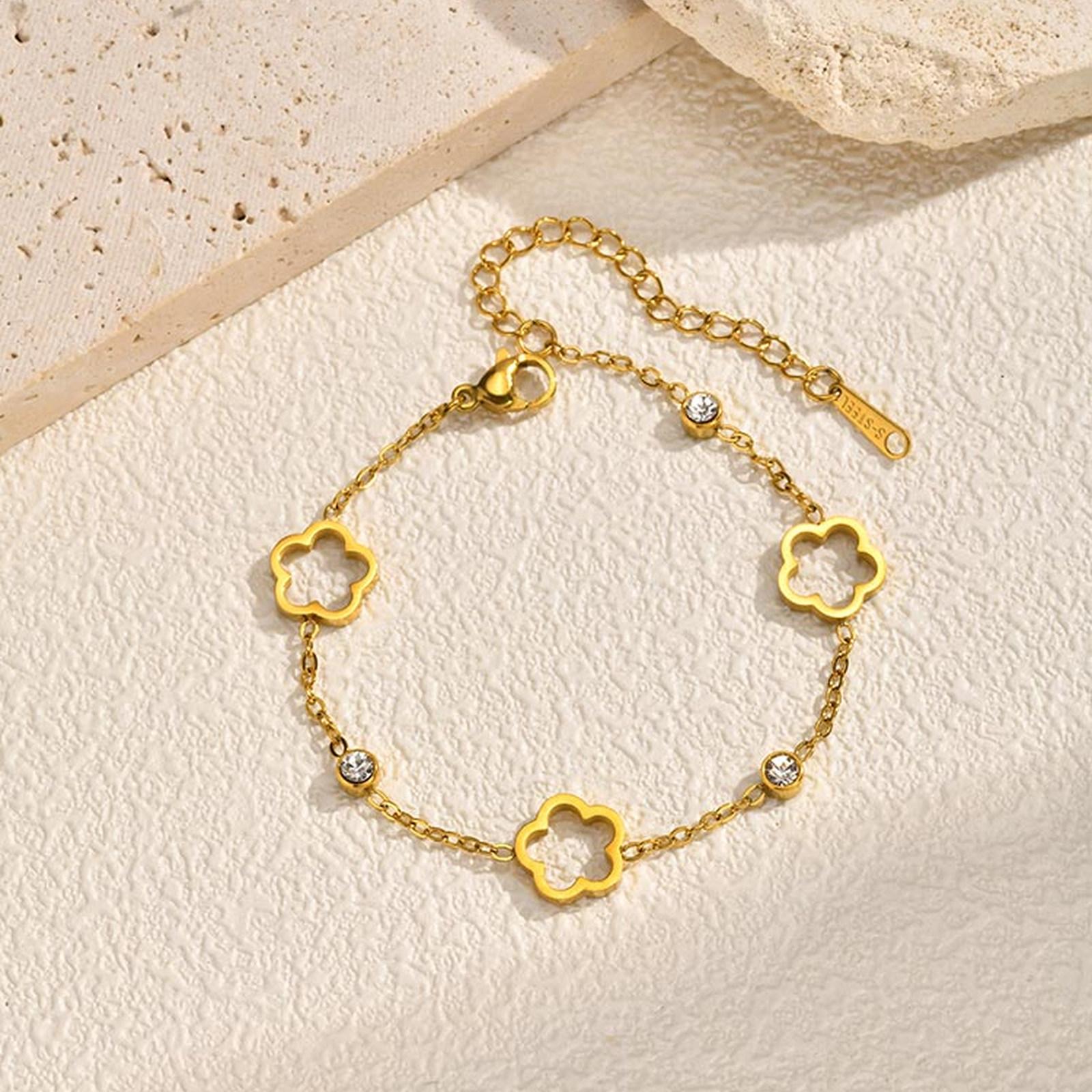 

Chic Hollow Five-Petal Flower Zircon Bracelet for Women,Gold Color Stainless Steel Chain Bracelets,Fashion Charm Jewelery Gift