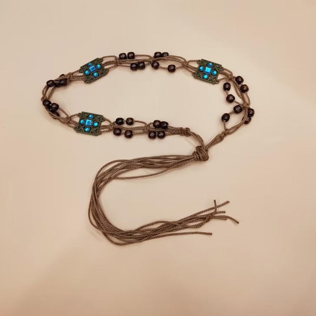 Brown Belt with Beads Butterflies Vintage Tassel Cotton Rope Waist Chain Woven Waist Belts for Dress Party Dance Show
