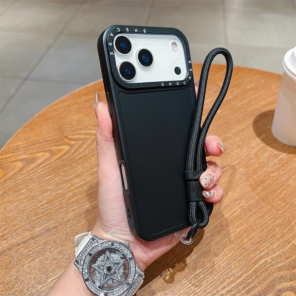 For iPhone 17 Pro Case Black Lens Frame Shockproof TPU PC Phone Back Cover with Wrist Strap