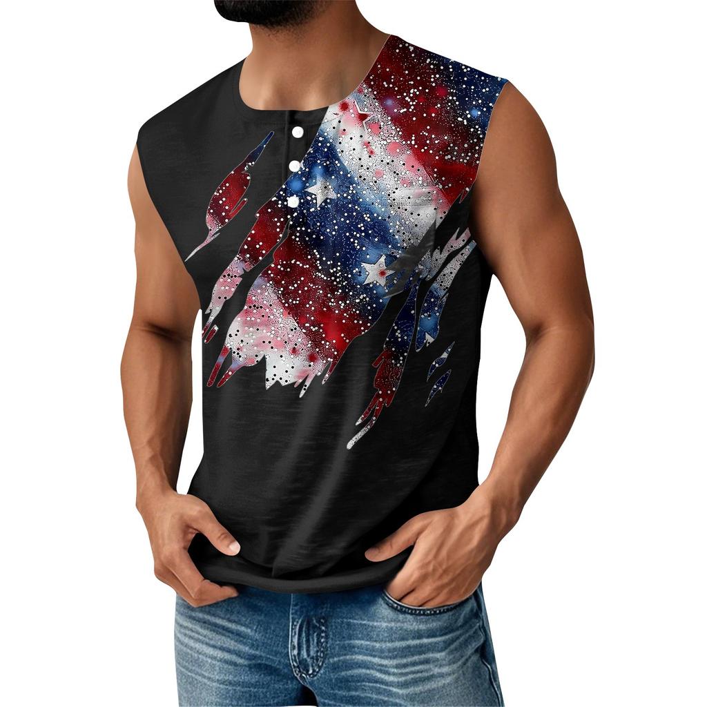 Men's Summer Independence Day Printed Sports Button Pocket Sleeveless Tank Top