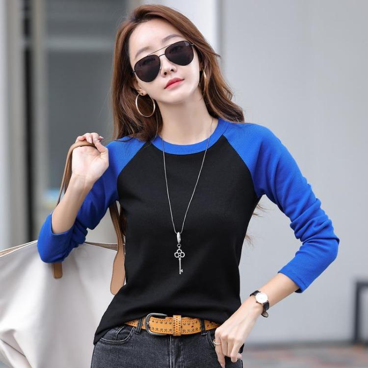 

New Korean Style Women Autumn Winter Slimming Long Sleeve T Shirt Round Neck Contrast Color Cotton Basic All Match Top XXXXL