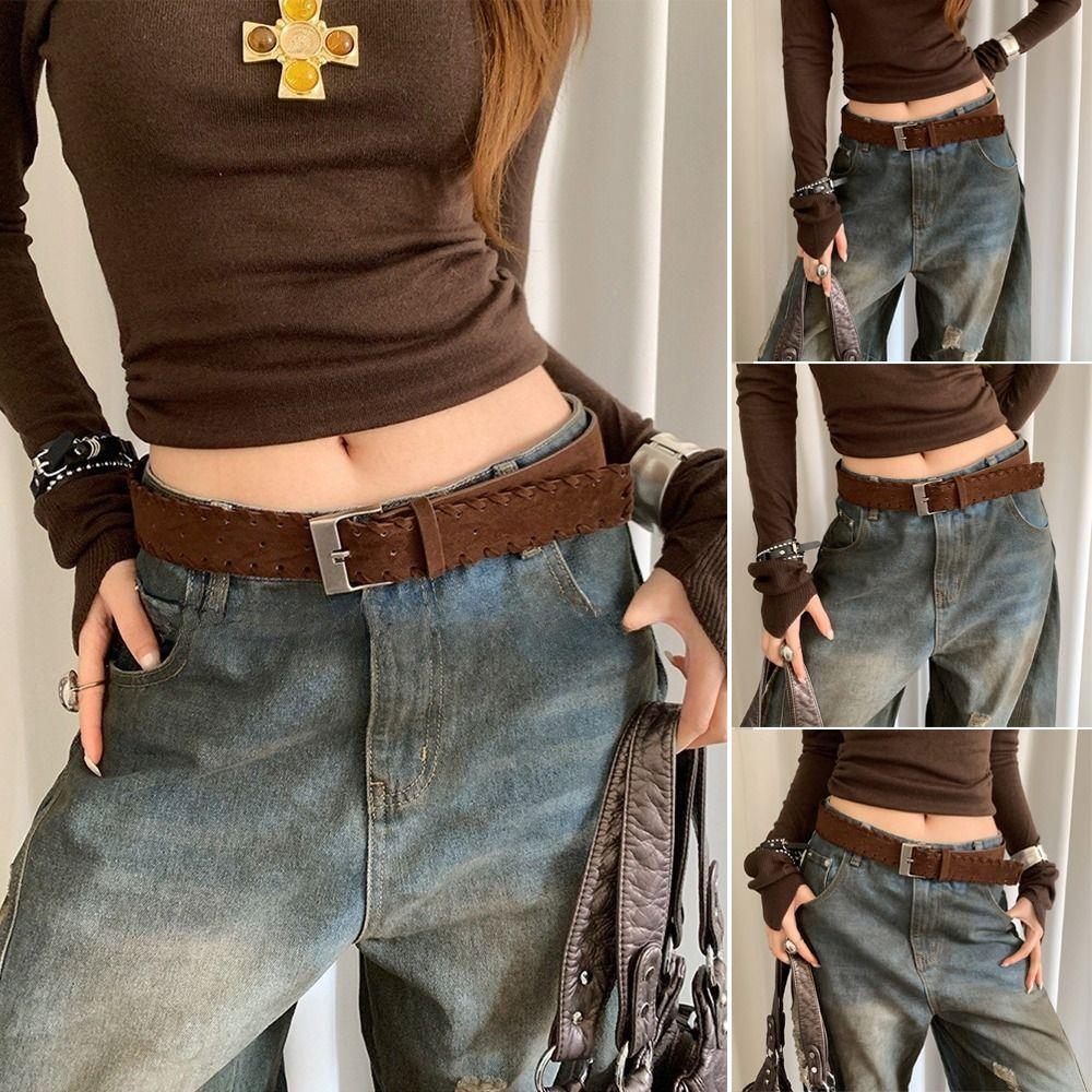 Vintage Pin Buckle Suede Leather Belt Frosted Luxury Design Women Waist Belt Versatile Woven Waistband Coat Skirt Decoration