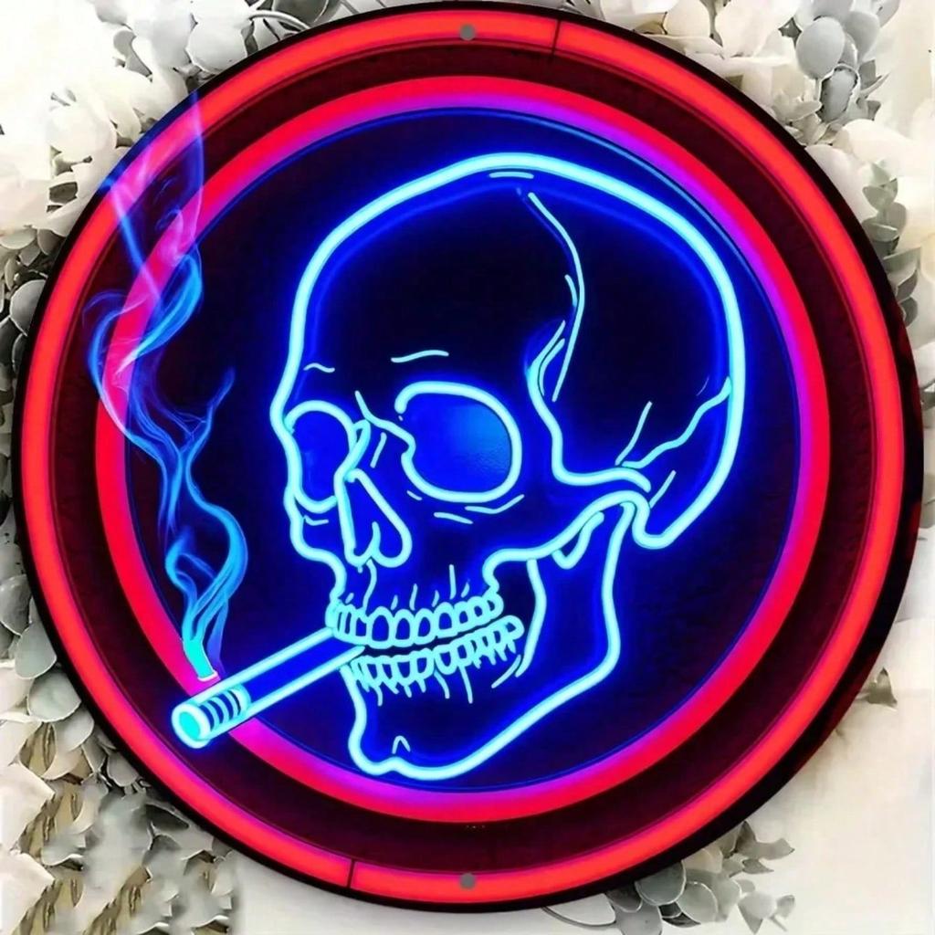 Neon Skull Smoking Cigarette with Smoke Rings Glowing In Blue Red Pink HighDefinition Metal Tin Sign  D Flat Products Design