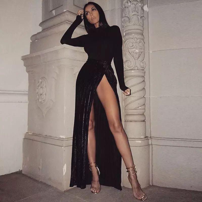 

Женская летняя высокая элегантная повседневная юбка до половины тела с высоким разрезом и пайетками M чёрный