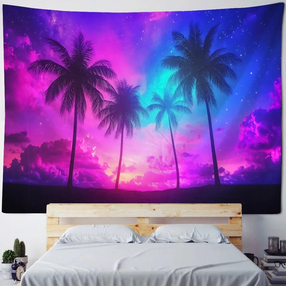 Living room bedroom decoration background poster starry sky coconut tree tapestry wall hanging sofa blanket dreamy sea