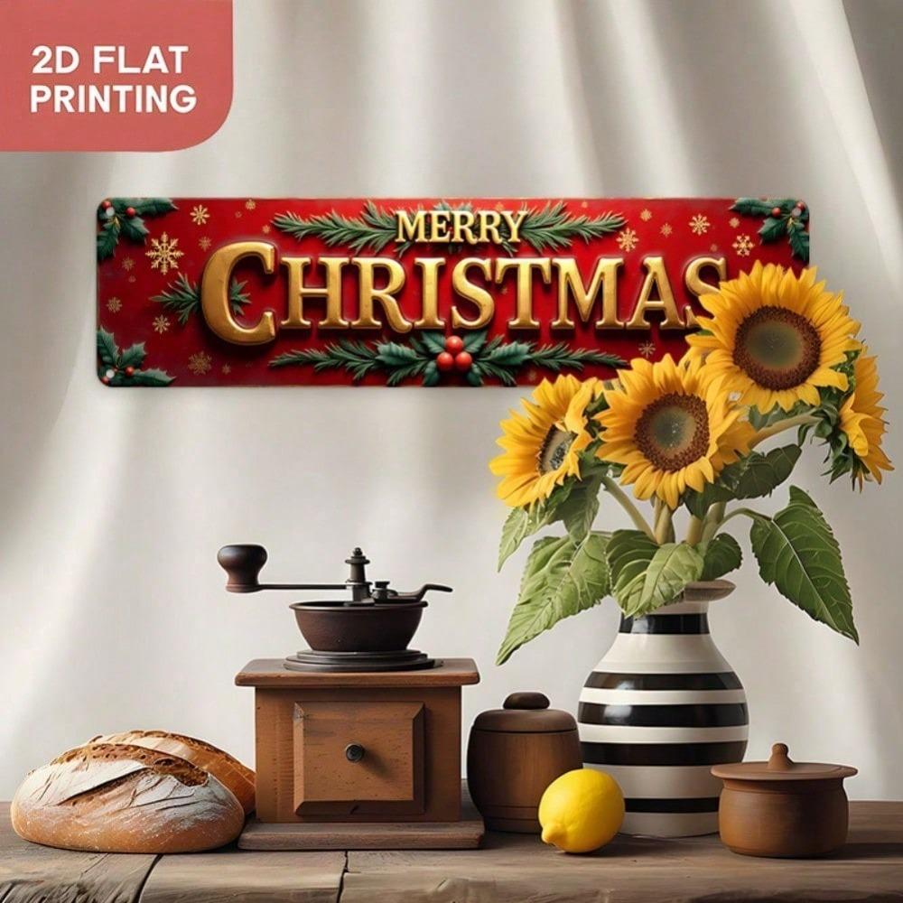 2D Vintage Weihnachts-Blechschild, Rotes Goldenes Feiertags-Wandbild, Frohe Weihnachten Schriftzug, Vorgebohrte Aluminium-Dekoration