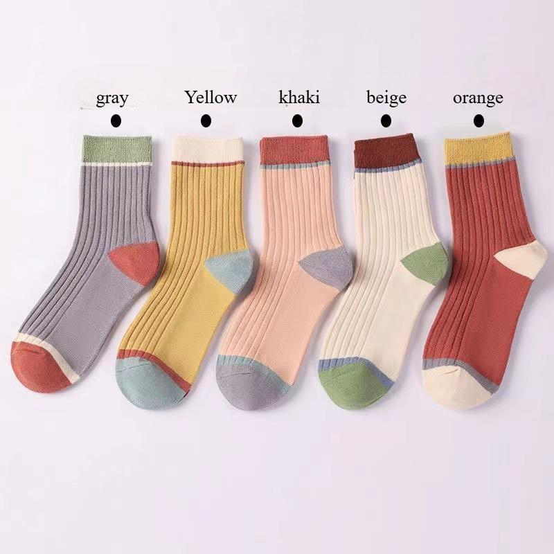 5 Pairs Women Candy Color Splicing Design Socks, Mid-tube Ribbed, Breathable, Sweat-absorbent, High Elastic