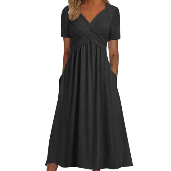Robe d'été plissée à bretelles croisées pour femmes, col en V, manches courtes, poches de couleur pure, ligne a, ourlet ample, respirante, douce, pour les rencontres et les déplacements