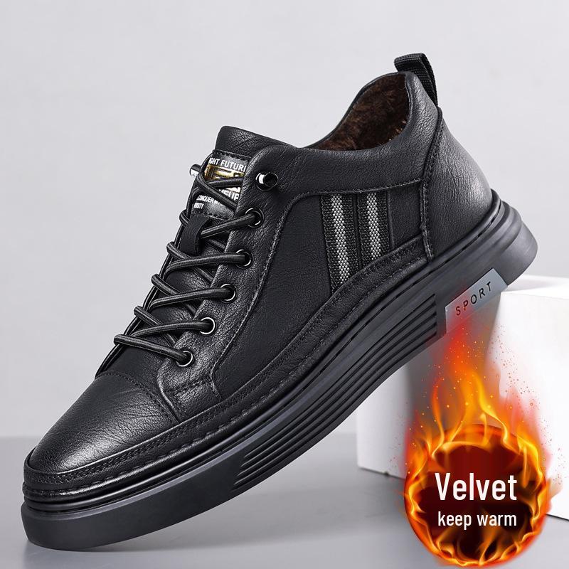 

Men s Black Leather Casual Shoes with Soft Sole and Warm Velvet Lining for Autumn and Winter Size 44