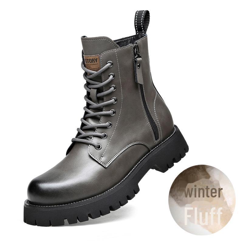 Men's Autumn & Winter Yellow Genuine Leather Boots with Thick Sole, Side Zipper, and Round Toe - Comfortable Mid-High Martin Style.