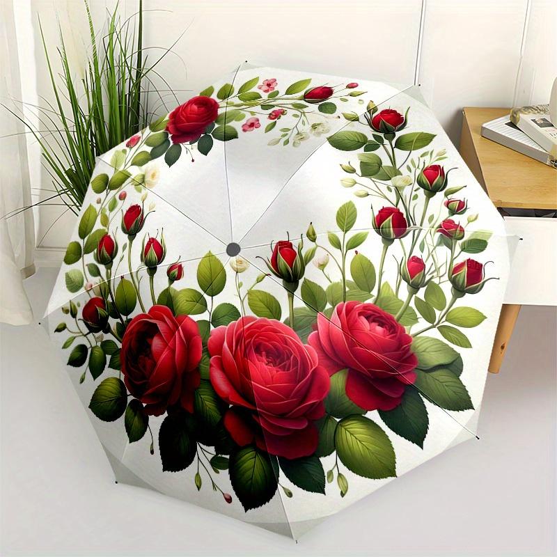 1pc Floral Wreath with Red Roses Umbrella with Plastic Handle,Suitable for All Seasons Home Travel Outdoor UmbrellaB1662