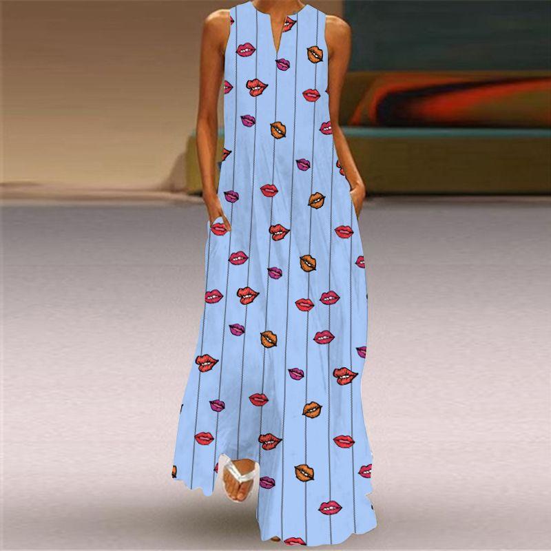 Fashion Style New Summer Women's Clothes Sleeveless Maxi Dress V-neck 3D Print Emerald Flower Dress Trendy Good Quality Beach Dress
