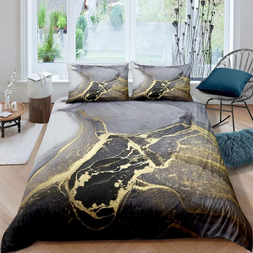 Marmurowy Zestaw Poszewek na Kołdrę Rozmiar Pełny Złoty Marmurkowy Wzór Zestaw Pościeli 3szt. do Pokoju Chłopca Dziewczynki, Abstrakcyjna Tekstura Kamienia Poszwa na Kołdrę