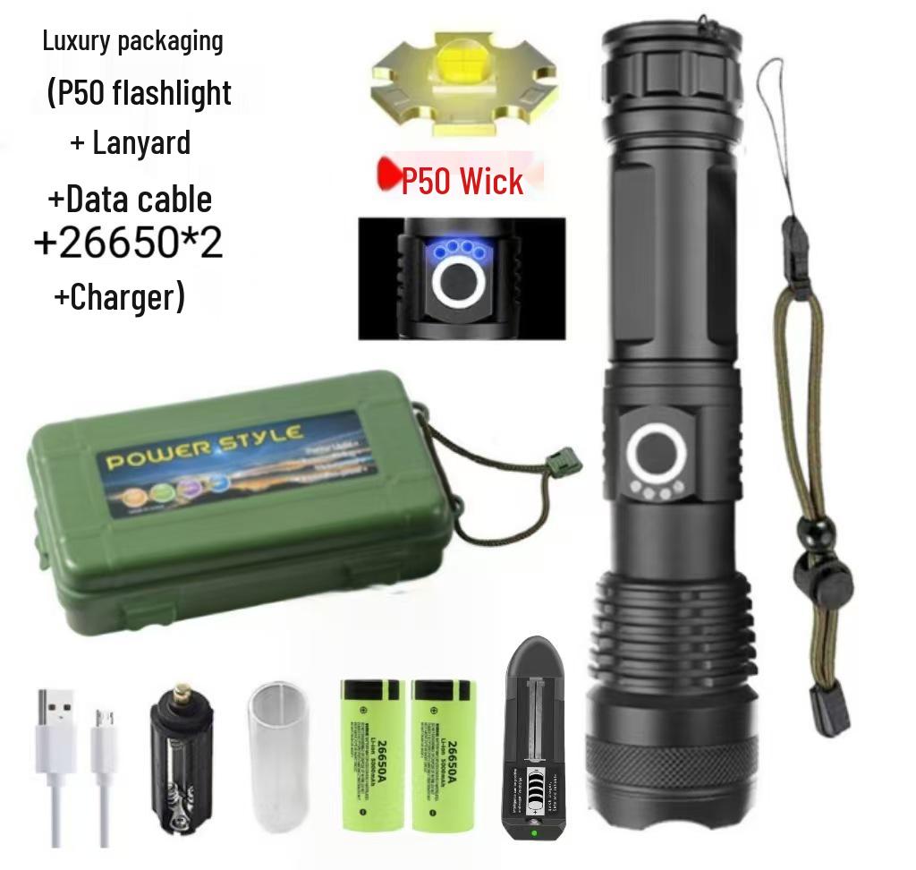 Waterproof Aluminum P90 High-Power Flashlight with Telescopic Focus and P70 Spotlight for Outdoor Use