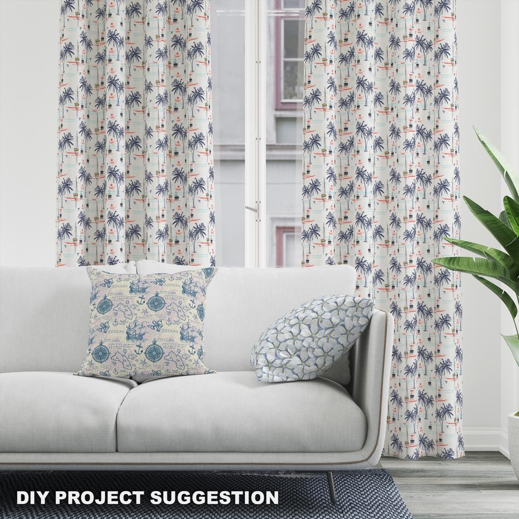 Royal Velvet Fabric Polyester For Sewing - Motif Palm Trees Sailboats