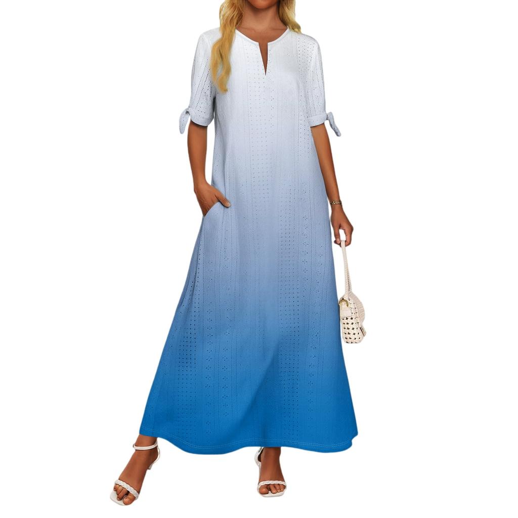Ladies Casual Fashion Temperament Elegant Waist Gradient Color Print Long Dress