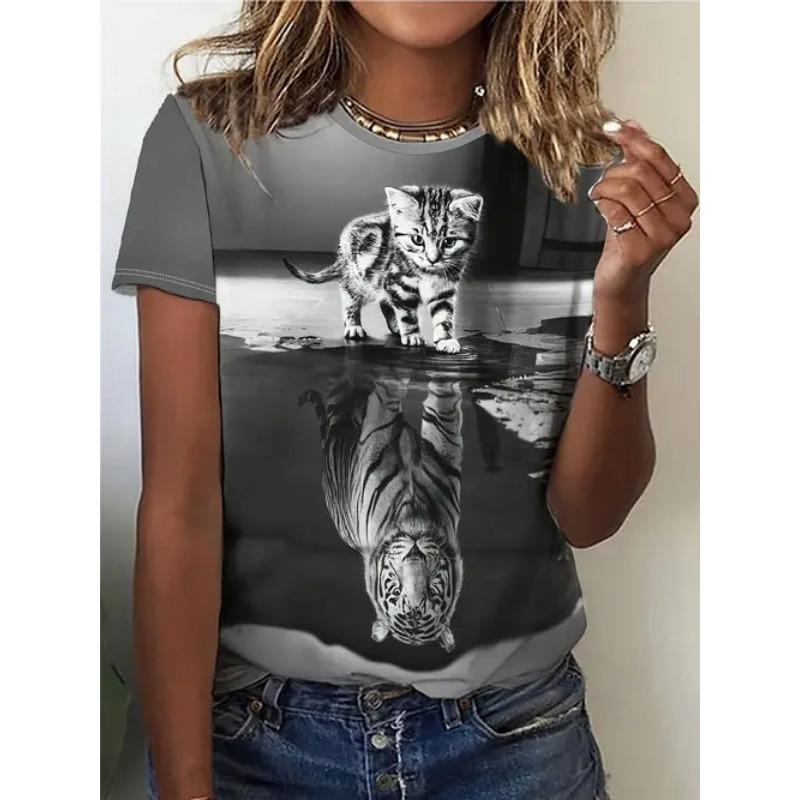 Sommer Rund Hals 3D Dyreprint Topp Moteable Casual Kortarmet Dame T-skjorter