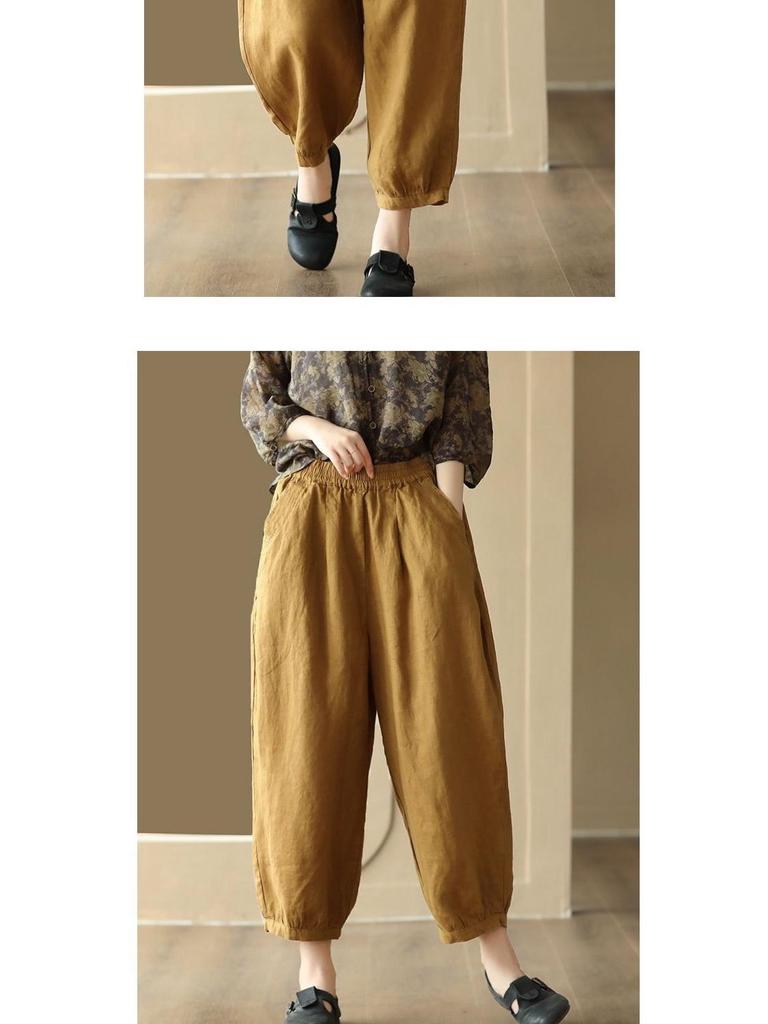 Pantaloni a Nove Punti Retro a Gamba Larga in Cotone e Lino con Vita Elasticizzata per Taglie Forti