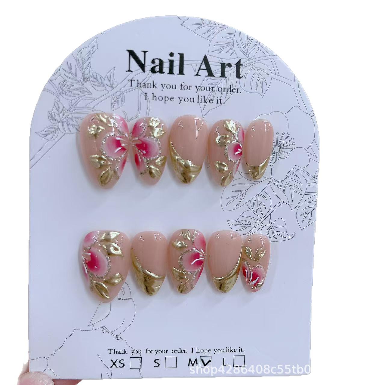 Hand-Painted Reusable French Almond Nail Art with Floral Design XS