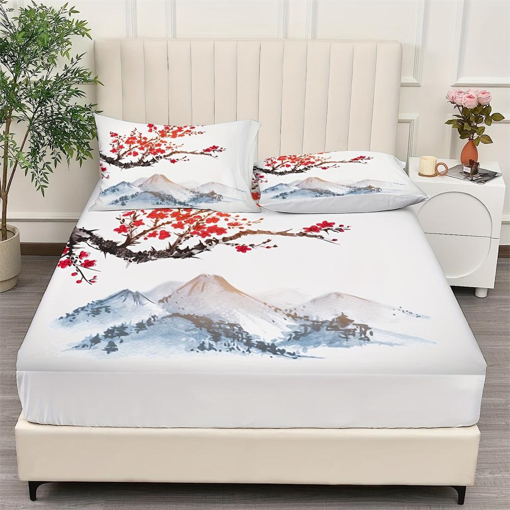 Chinese Style Fitted Sheet Set Ink Painting Plum Mountains Print Mattress Covers Soft Breathable Bedding Set With Deep Pocket