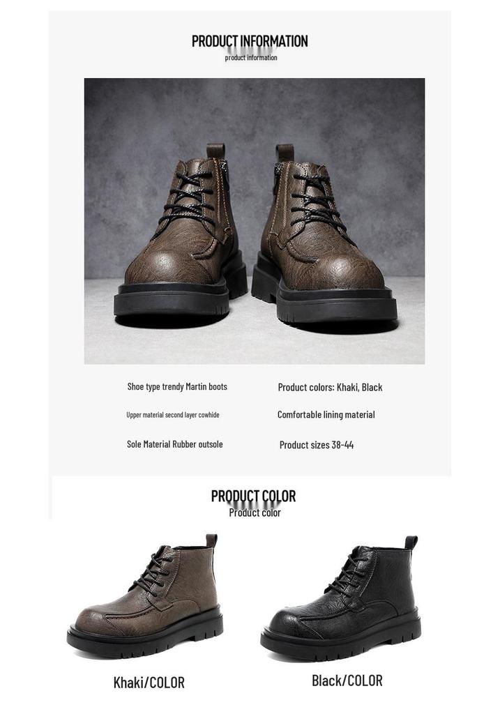 Men's Cowhide Lace-up Martin Boots - Winter Thick Sole, Outdoor Casual, Height-increasing Mid-top Work Shoes