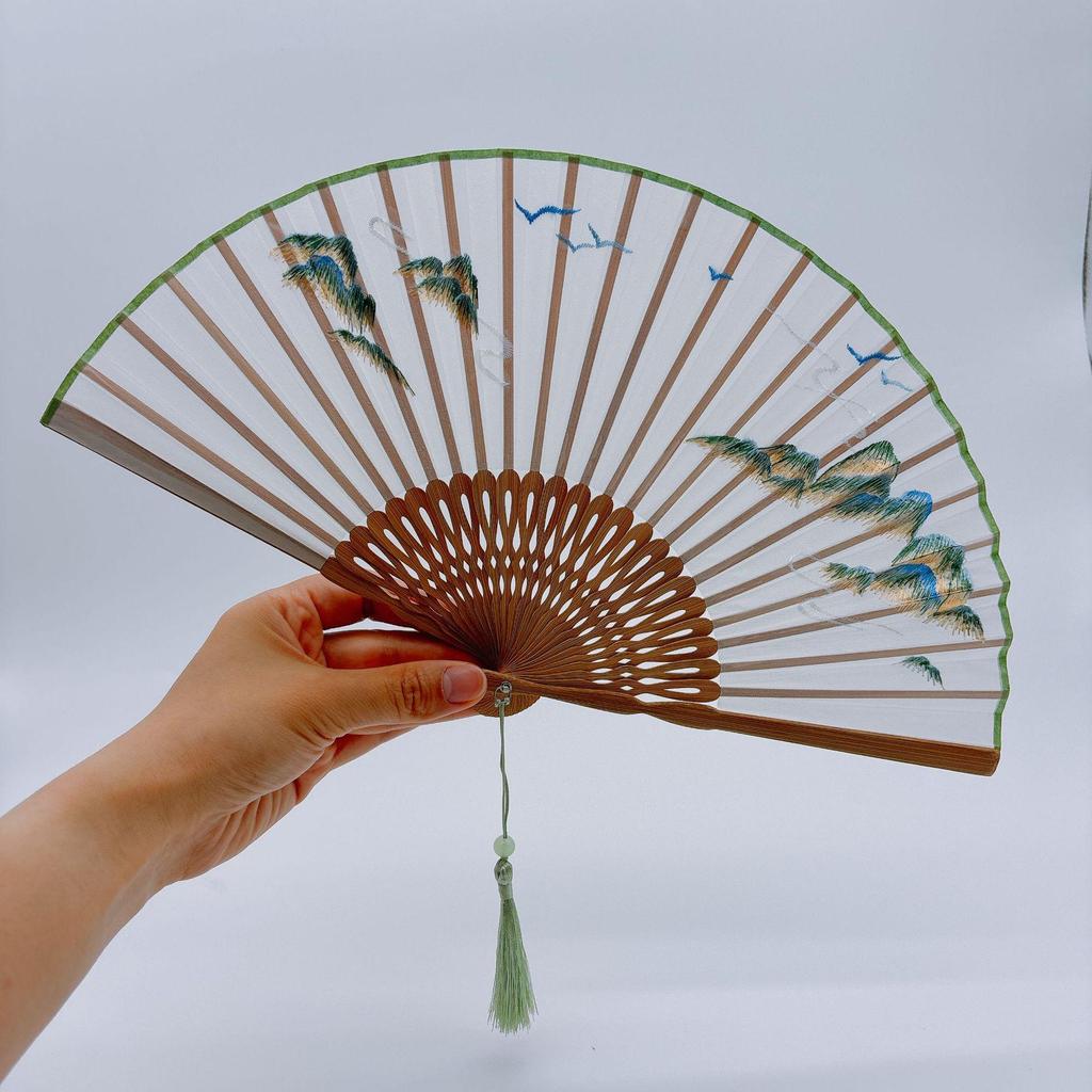 Old Changmen Suzhou Double-Sided Embroidery Folding Fan: Ancient Cheongsam Style for Women