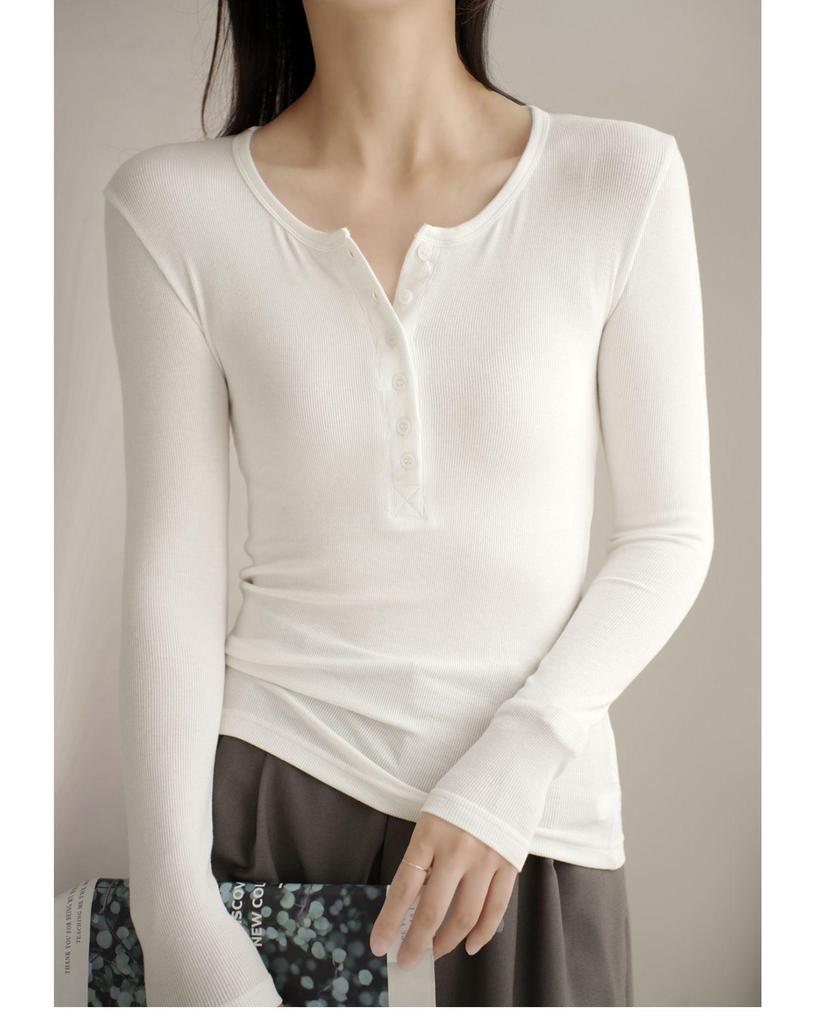 Damen Slim Fit Langarm Rundhals T-Shirt mit geripptem Henley-Kragen