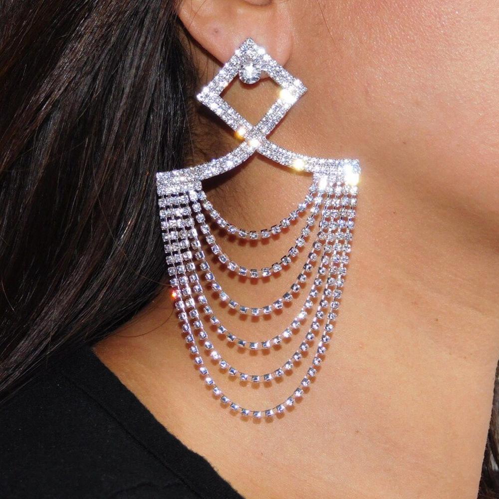 Orecchini a Frange a U con Strass alla Moda per Donna Orecchini Lunghi Multistrato Brillanti Esagerati Accessori Gioiello