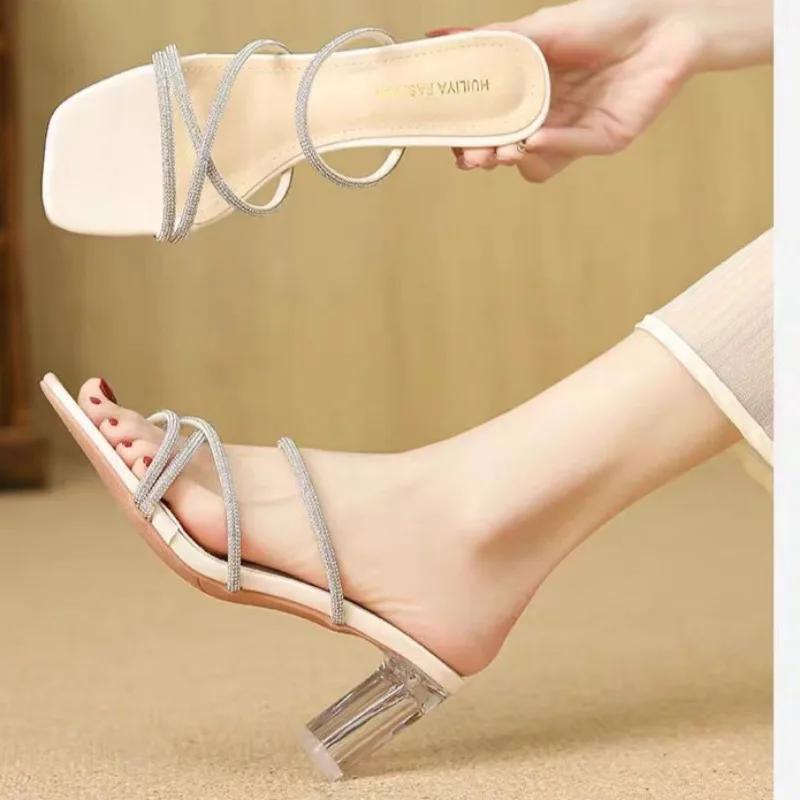 

Fashion Women Sandals Lightweight Glitter Sexy Sandals Summer Mules Square Heel Jelly Strap High Heels Shoes for Women Zapatos De Mujer 34 бежевый