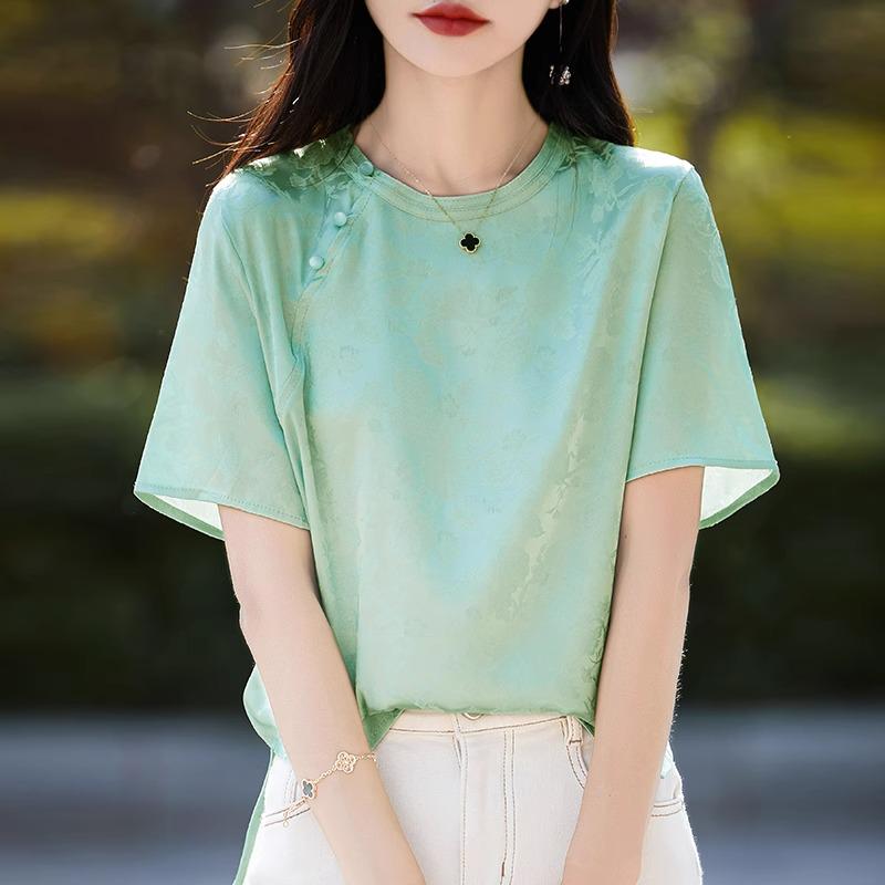Women's 2026 Summer Silk Jacquard Short-Sleeve Top with Frog Buttons - New Chinese Style, Round Neck, Loose Fit