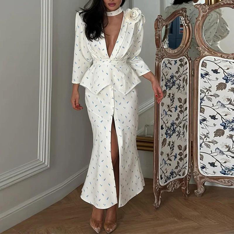 2026 Womens Elegant Office-Ready Long Sleeve V-Neck Printed Midi Dress Set Casual Workwear Outfit