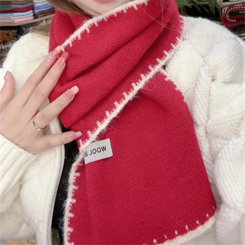 New Simple Solid Color Wool Blended Dog Tooth Edge Knitted Scarf for Women Warm and Windproof Versatile Student White Collar Scarf
