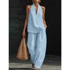 Set 2 Pezzi 2026 Stile Vacanza da Donna e Set Collo in Lino Top Senza Maniche Scollo a V Lento Pantaloni a Gamba Larga Set Due Pezzi
