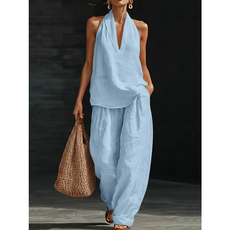 Set 2 Pezzi 2026 Stile Vacanza da Donna e Set Collo in Lino Top Senza Maniche Scollo a V Lento Pantaloni a Gamba Larga Set Due Pezzi